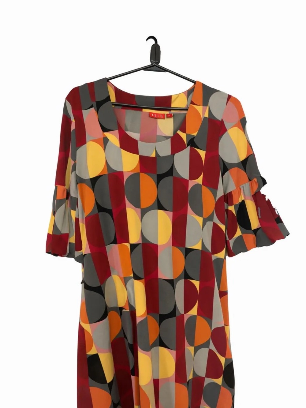 Elle Geometric Midi Dress in Red, Yellow, Orange and Gray